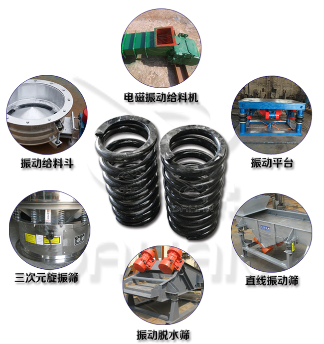 旋振篩減震彈簧適用產(chǎn)品：振動(dòng)給料機(jī)，電磁振動(dòng)給料機(jī)，振動(dòng)平臺(tái)，直線振動(dòng)篩，振動(dòng)脫水篩，三次元旋振篩。