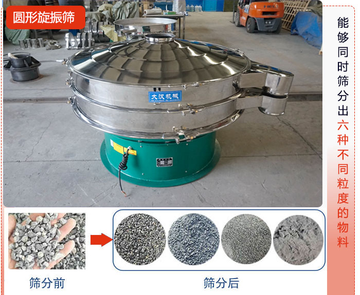 圓形旋振篩能夠同時(shí)篩出6種不同顆粒的物料。