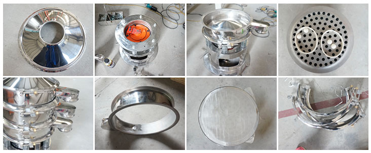 不銹鋼振動篩結(jié)構(gòu)展示：防塵蓋，出料口，閘門，篩網(wǎng)于彈跳球，底座，振動彈簧等。