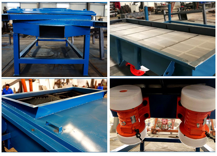 方形振動篩出料口，篩網(wǎng)和網(wǎng)架，進料口，振動電機等細節(jié)展示。