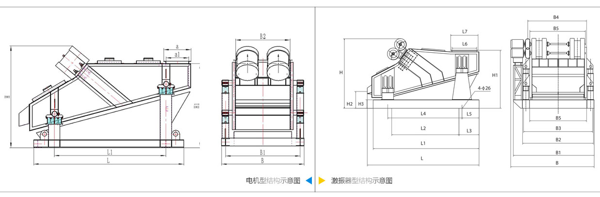 礦用振動篩電機振動式和激振器振動式的內部結構尺寸圖。