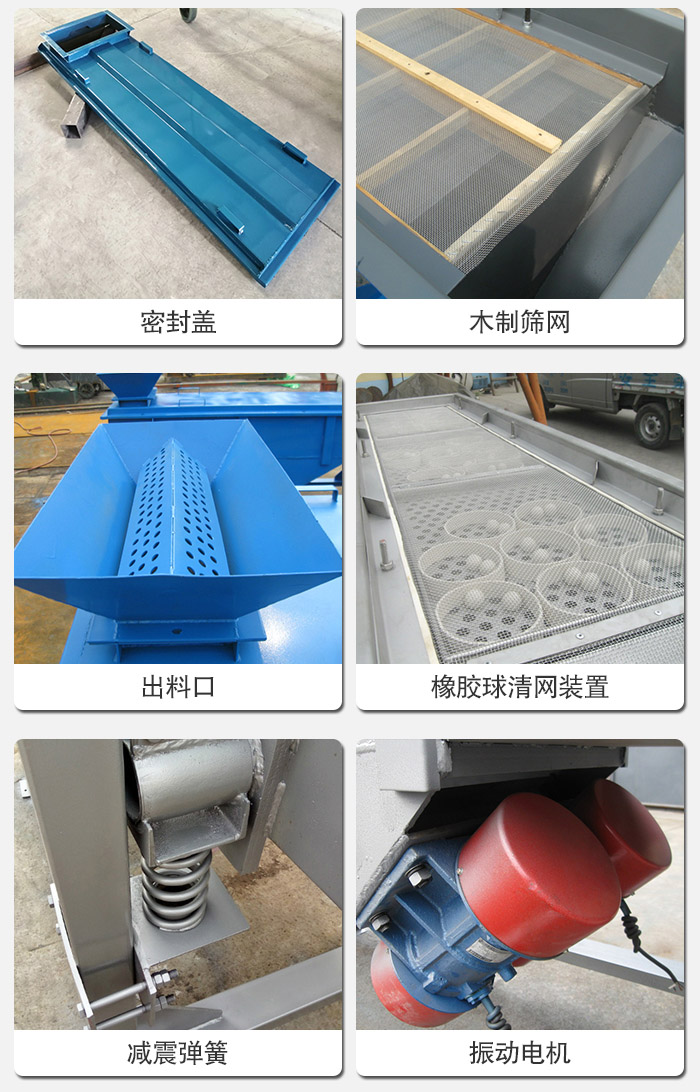 直線篩分機(jī)的結(jié)構(gòu)展示圖：篩箱是物料主要篩分設(shè)備之一，篩網(wǎng)用于篩分物料，振動(dòng)電機(jī)幫助篩網(wǎng)篩分。
