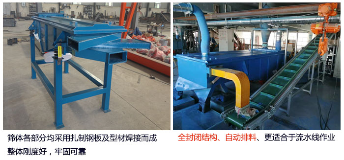 直線篩分機(jī)篩體各部分均采用扎制鋼板及型材焊接而成整體剛度好，牢固可靠；全封閉結(jié)構(gòu)、自動(dòng)排料、更適合于流水線作業(yè)。