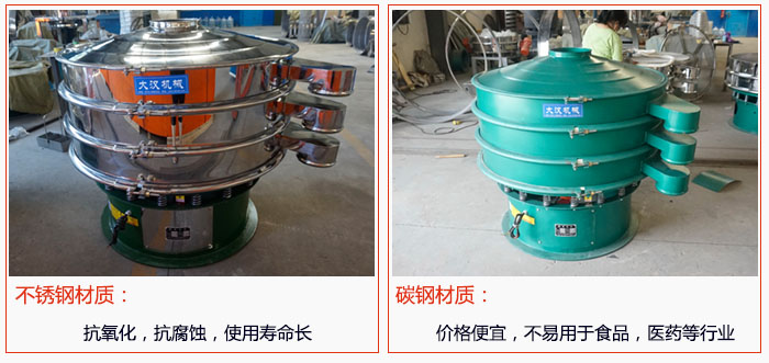 800型振動篩有不銹鋼和碳鋼兩種材質(zhì)，不銹鋼材質(zhì)：抗氧化，抗腐蝕，使用壽命長 碳鋼材質(zhì)：價格便宜，不易篩分食品，化工，醫(yī)藥等行業(yè)的物料。