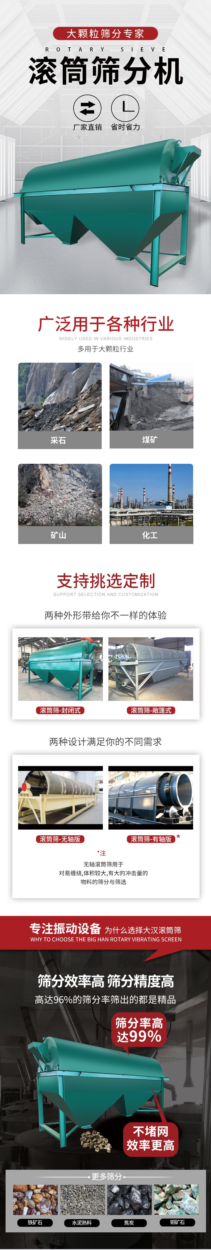 滾筒篩分機(jī)大顆粒篩分專家：廠家直銷(xiāo)，省時(shí)省力。滾筒篩被廣泛應(yīng)用各種行業(yè)：多用于大顆粒行業(yè)例如：采石，煤礦，礦山，化工等。滾筒篩定制類型有哪些：封閉式與敞篷式產(chǎn)品結(jié)構(gòu)分為：無(wú)軸式，有軸式兩種，無(wú)軸滾筒篩用于對(duì)纏繞，體積較大，有大的沖擊量的物料的篩分與篩選。滾筒篩篩分效率高篩分精度能夠達(dá)到：96%也比較適用于鐵礦石，水泥熟料，焦炭，銅礦石。滾筒篩特點(diǎn)：不飛粉末：密封隔離罩，密封性好，工作過(guò)程不會(huì)出現(xiàn)飛粉現(xiàn)象。外型尺寸是按筒體長(zhǎng)計(jì)
