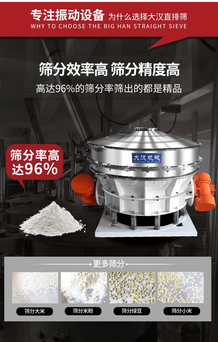 直排篩適用物料有面粉，淀粉，洗衣粉，金屬粉，添加劑，化工，非礦等行業(yè)。