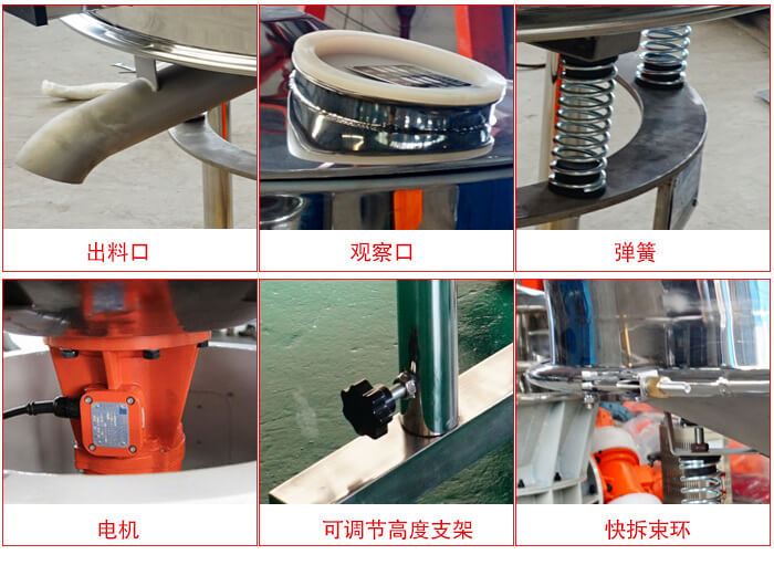 高頻篩細(xì)節(jié)展示：出料口，觀察口，彈簧，電機(jī)，可調(diào)節(jié)高度支架，快拆束環(huán)。